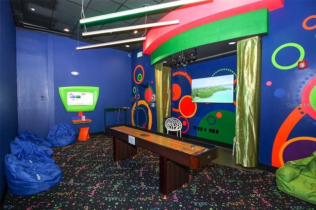 rec room featuring carpet flooring