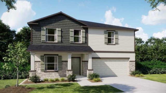 craftsman-style house featuring a garage, stone siding, and concrete driveway