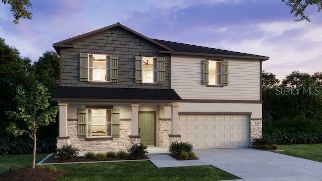 view of front of house featuring driveway, stone siding, an attached garage, and stucco siding