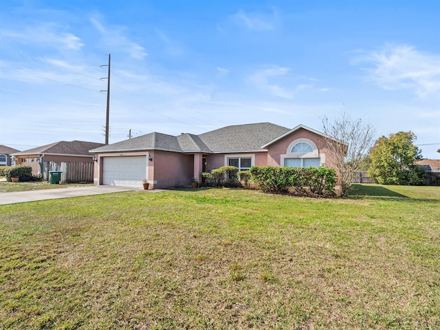 ranch-style house featuring a garage, fence, concrete driveway, stucco siding, and a front lawn