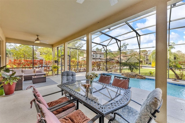 view of patio featuring a ceiling fan, a lanai, an outdoor pool, and an outdoor living space