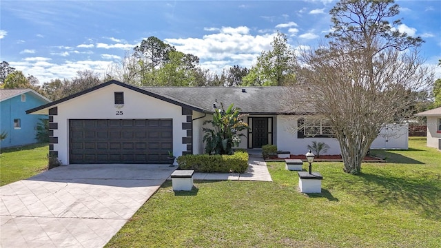 single story home with a garage, driveway, roof with shingles, a front lawn, and stucco siding