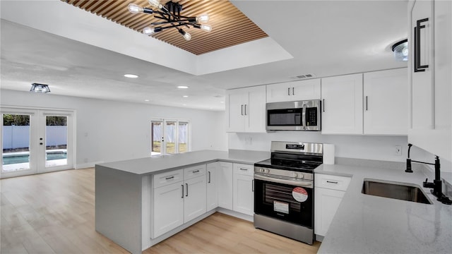 kitchen with french doors, visible vents, appliances with stainless steel finishes, a sink, and a peninsula