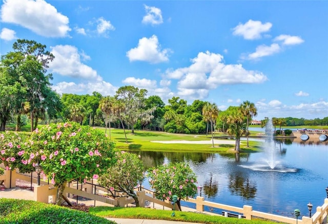 view of property's community with a water view and a lawn