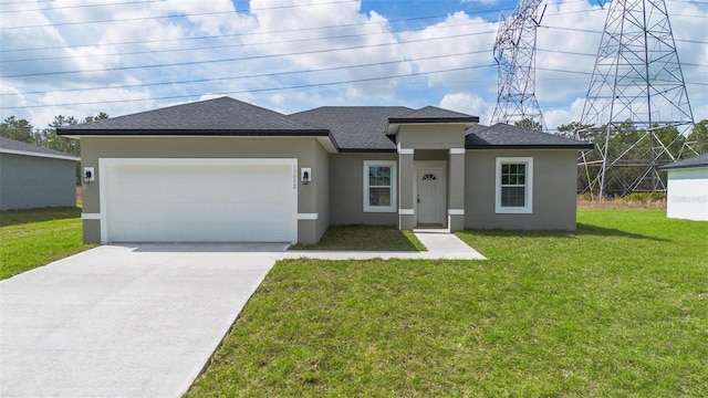 view of front of home with driveway, a front lawn, an attached garage, and stucco siding