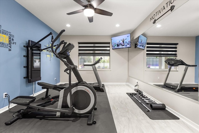 workout area featuring a ceiling fan, recessed lighting, and baseboards