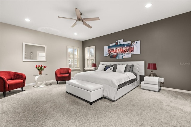 bedroom with recessed lighting, carpet flooring, ceiling fan, and baseboards