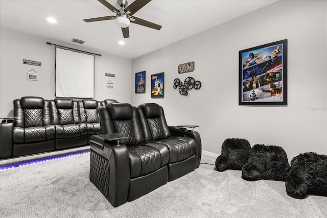 carpeted cinema with baseboards, visible vents, a ceiling fan, and recessed lighting