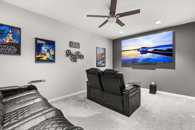 cinema featuring carpet floors, recessed lighting, baseboards, and a ceiling fan