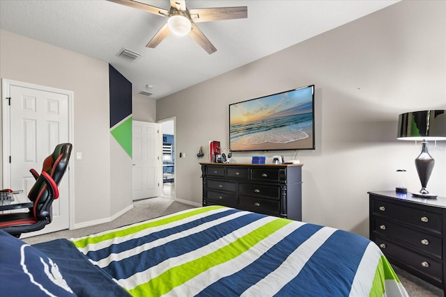 carpeted bedroom with ceiling fan, visible vents, and baseboards