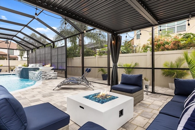 view of patio with an outdoor living space with a fire pit, a fenced backyard, glass enclosure, and a fenced in pool