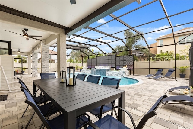 view of patio featuring a fenced in pool, a hot tub, outdoor dining space, ceiling fan, and a lanai