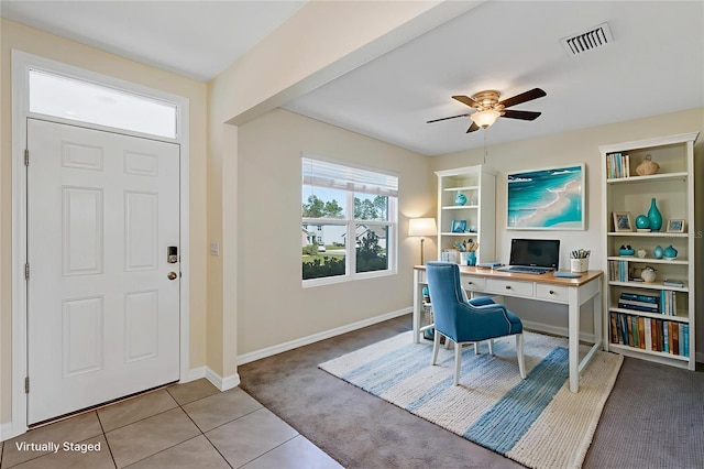 39 Hickory Course Way, Ocala, FL 34472 - tiled office featuring carpet floors, a ceiling fan, and baseboards