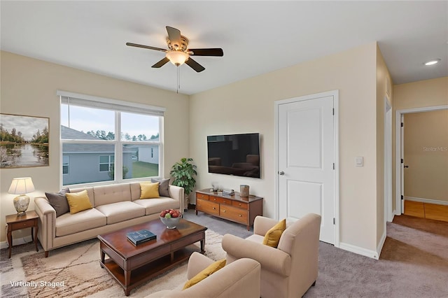 39 Hickory Course Way, Ocala, FL 34472 - living area featuring a ceiling fan, baseboards, carpet floors, and recessed lighting
