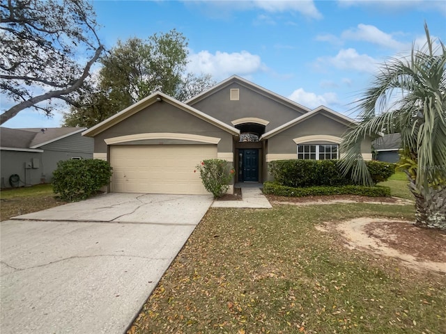 single story home featuring driveway, a garage, and stucco siding