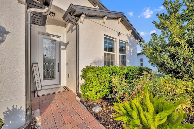 view of exterior entry featuring stucco siding