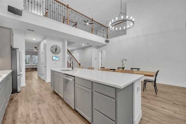 kitchen with appliances with stainless steel finishes, a center island with sink, light wood-style flooring, and gray cabinetry