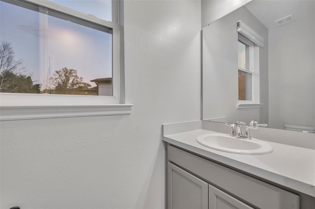 half bath with plenty of natural light, vanity, and visible vents