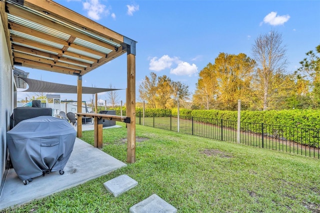 view of yard with a fenced backyard and a pergola