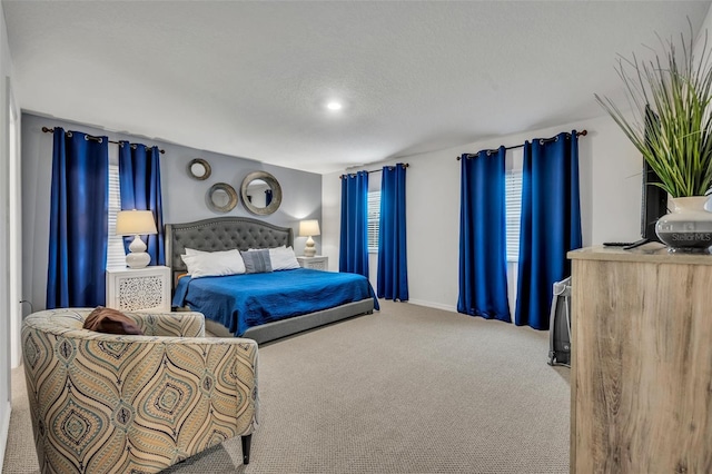 bedroom with carpet flooring, a textured ceiling, and baseboards