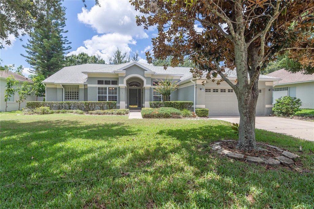 ranch-style home with driveway, a front lawn, and stucco siding