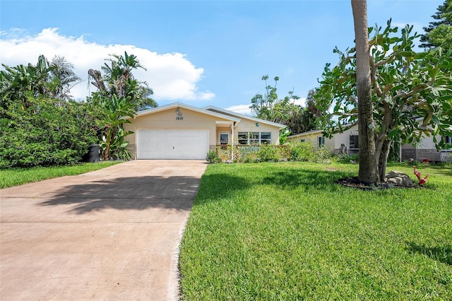 ranch-style house featuring a garage, concrete driveway, and a front lawn