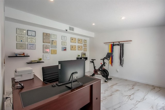 office area featuring baseboards, marble finish floor, visible vents, and recessed lighting