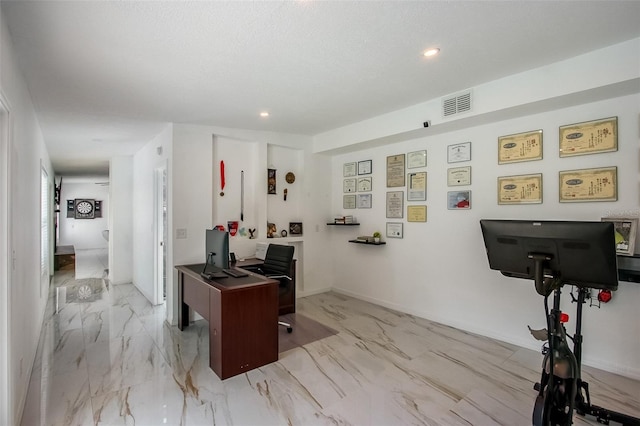 office space with marble finish floor, baseboards, visible vents, and recessed lighting