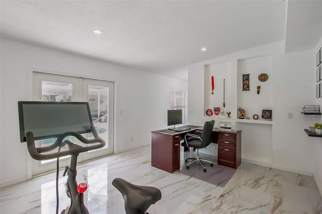 office with recessed lighting, marble finish floor, baseboards, and french doors