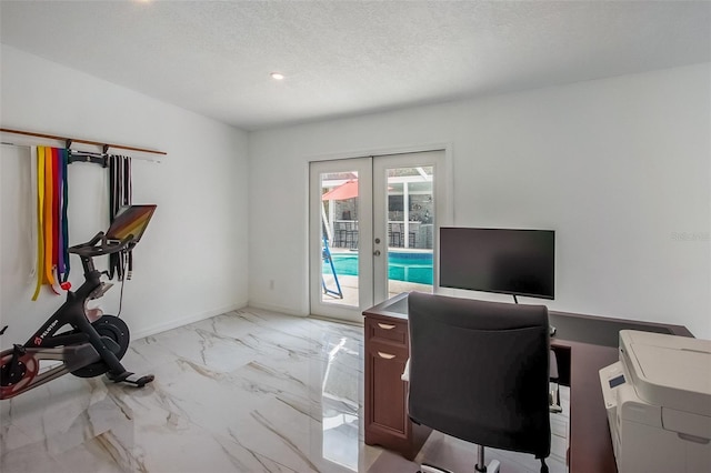 home office with french doors, baseboards, marble finish floor, and a textured ceiling