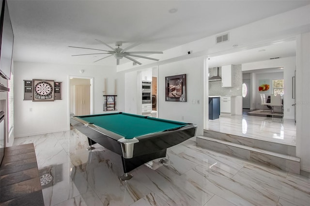 rec room with marble finish floor, visible vents, a ceiling fan, billiards, and baseboards