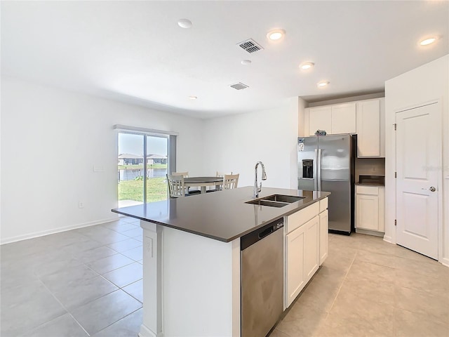 kitchen featuring stainless steel appliances, dark countertops, visible vents, white cabinetry, and a sink