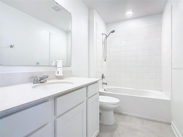 bathroom with visible vents, toilet, washtub / shower combination, vanity, and tile patterned floors