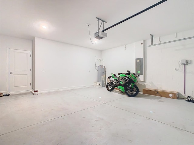 garage with water heater, electric panel, and a garage door opener