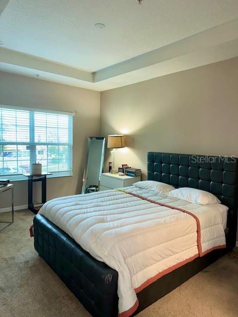 bedroom featuring baseboards, a tray ceiling, and light colored carpet