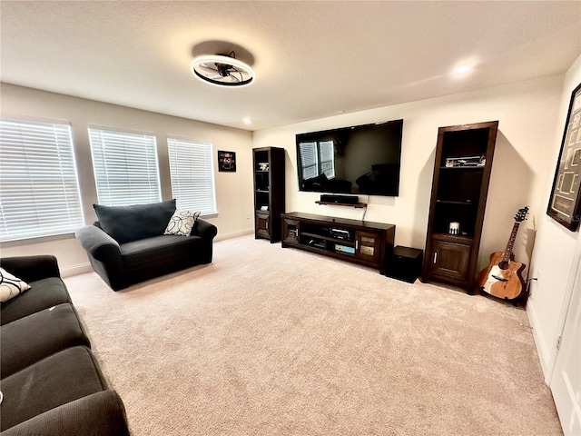 living room with baseboards and carpet floors