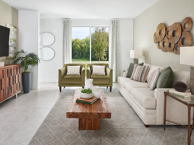 living area with tile patterned flooring and baseboards