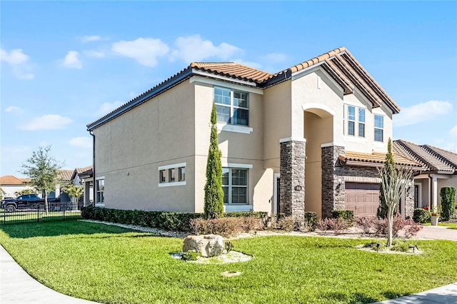 view of property exterior featuring stone siding, a lawn, fence, and stucco siding