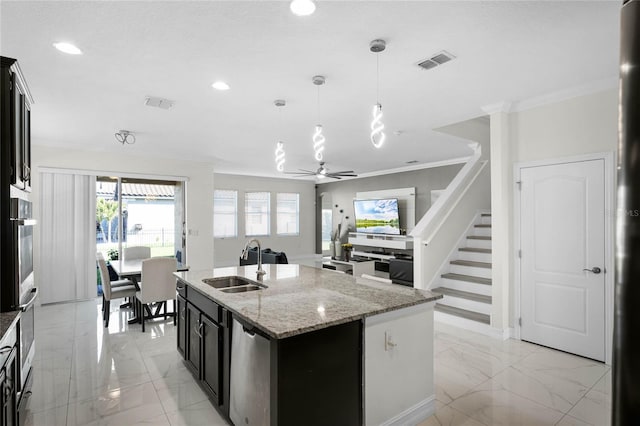 kitchen with a sink, visible vents, marble finish floor, dishwasher, and crown molding