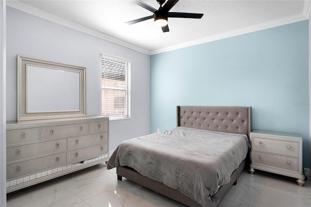 bedroom with marble finish floor, ceiling fan, ornamental molding, and a textured ceiling