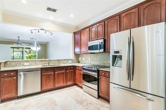 kitchen with stainless steel appliances, a sink, visible vents, ornamental molding, and light stone countertops