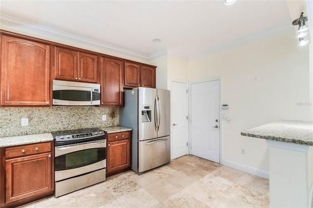 kitchen with stainless steel appliances, baseboards, decorative backsplash, light stone countertops, and crown molding