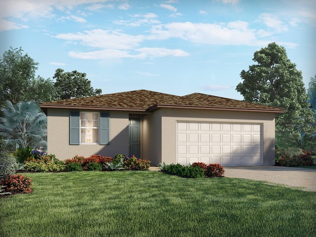 view of front of property featuring a front lawn, roof with shingles, stucco siding, driveway, and an attached garage