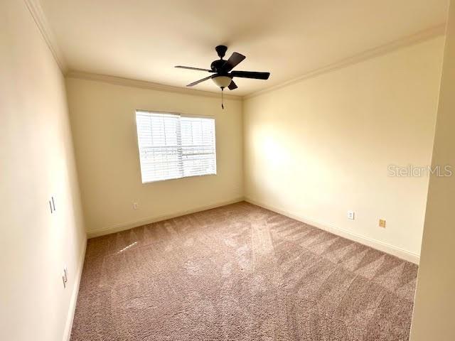 carpeted spare room featuring ornamental molding, baseboards, and a ceiling fan