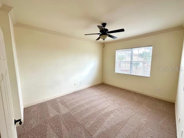 carpeted empty room featuring ornamental molding, baseboards, and a ceiling fan