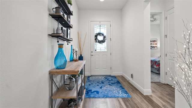 foyer entrance featuring wood finished floors and baseboards