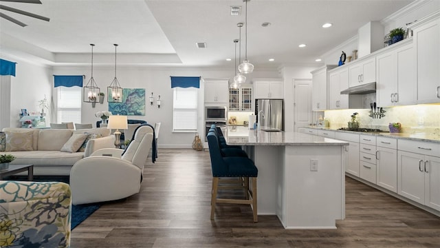 kitchen with under cabinet range hood, dark wood finished floors, open floor plan, appliances with stainless steel finishes, and a kitchen bar