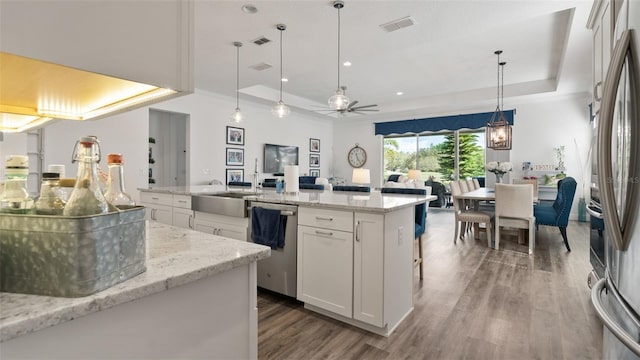 kitchen featuring visible vents, a raised ceiling, dark wood-type flooring, stainless steel appliances, and white cabinetry