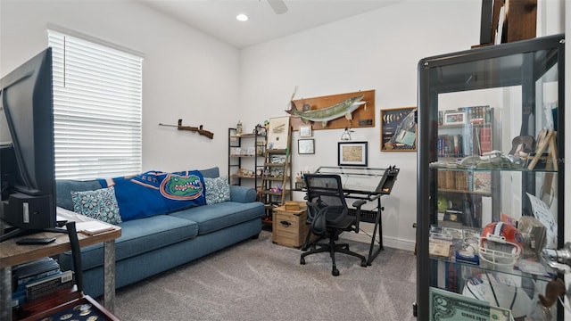 carpeted office with a ceiling fan and recessed lighting