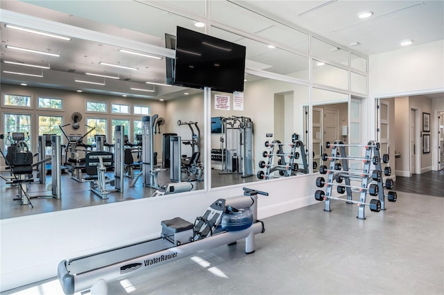 exercise room with a towering ceiling and baseboards